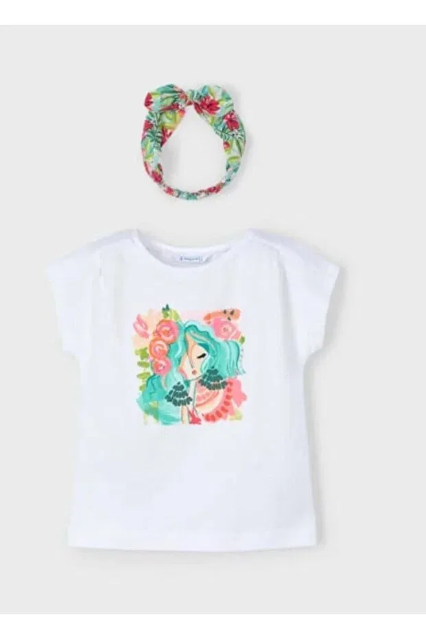 Детская футболка для девочек с принтом Printed Headband And T-Shirt Mayoral, White — фото 2