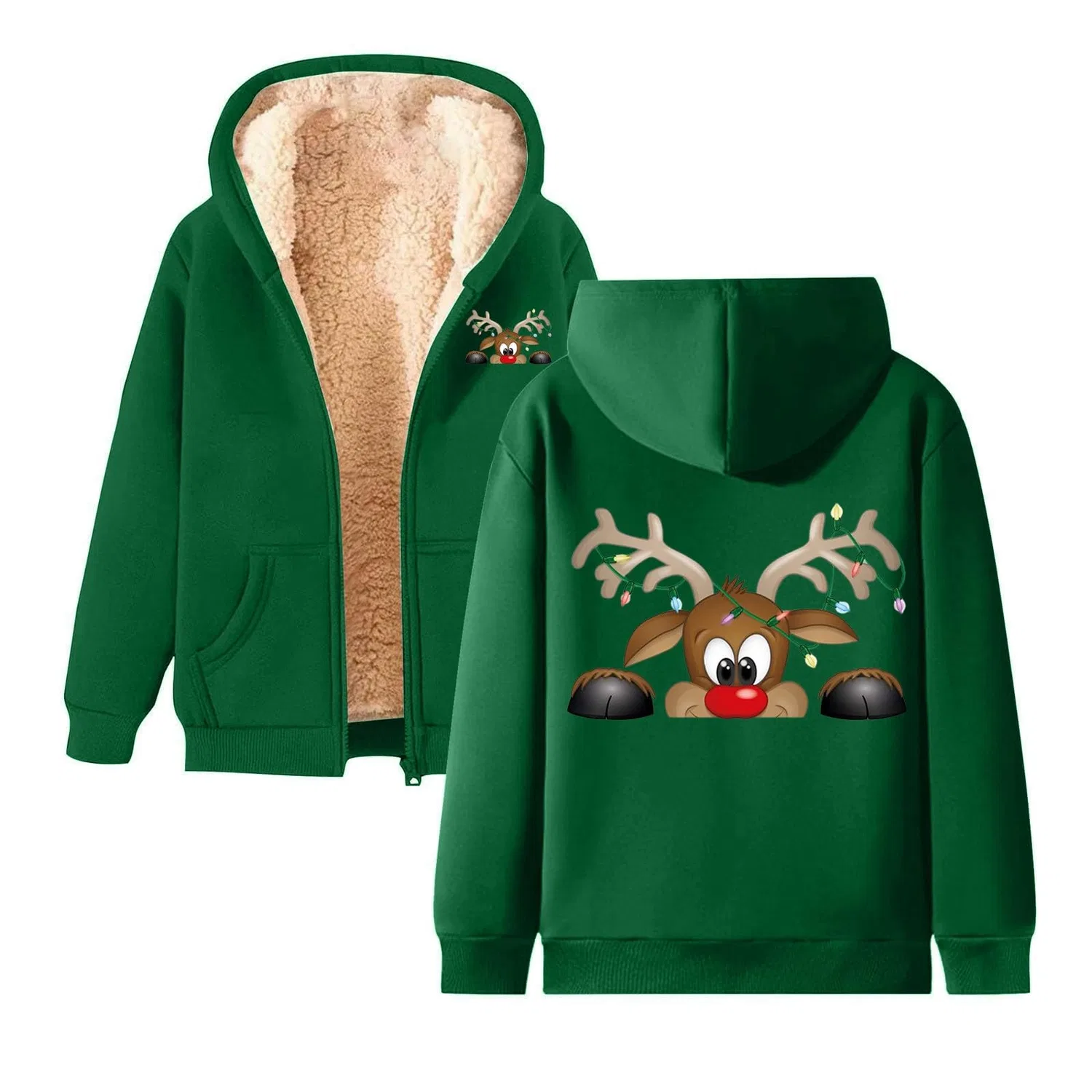 Женский флисовый худи с принтом, на молнии, с карманами, 4 Dark Green