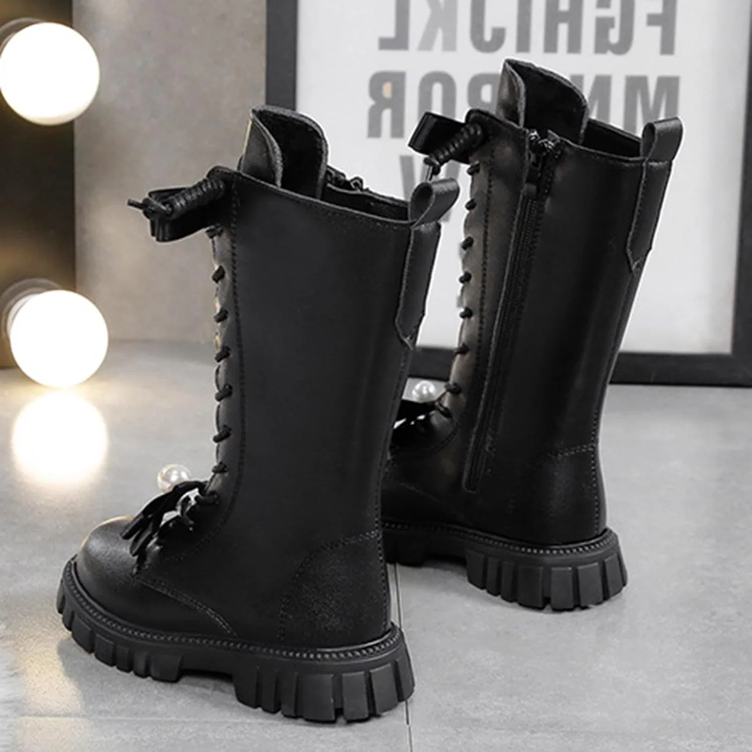 Детские кожаные сапоги для девочек с бантом и шнуровкой HBDHEJL, Black — фото 3