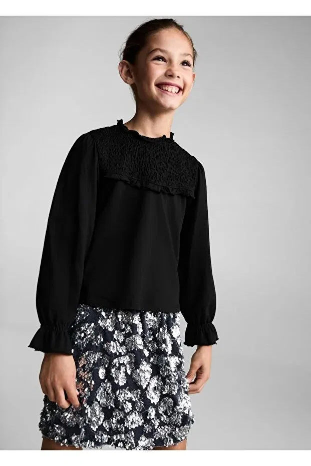 Детская футболка для девочек с длинным рукавом Ruffle Detailed T-Shirt Mango Kids, Black