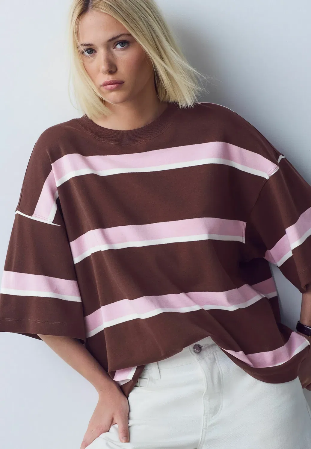 Футболка с круглым вырезом свободного кроя и принтом Next, Brown Pink Stripe — фото 4