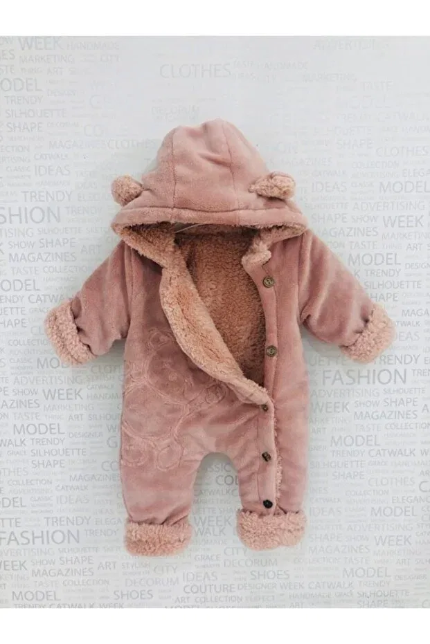 Детский комбинезон для девочек с капюшоном Hello Bear Soft Fluffy Baby Jumpsuit Generic Brands, Rose Dry