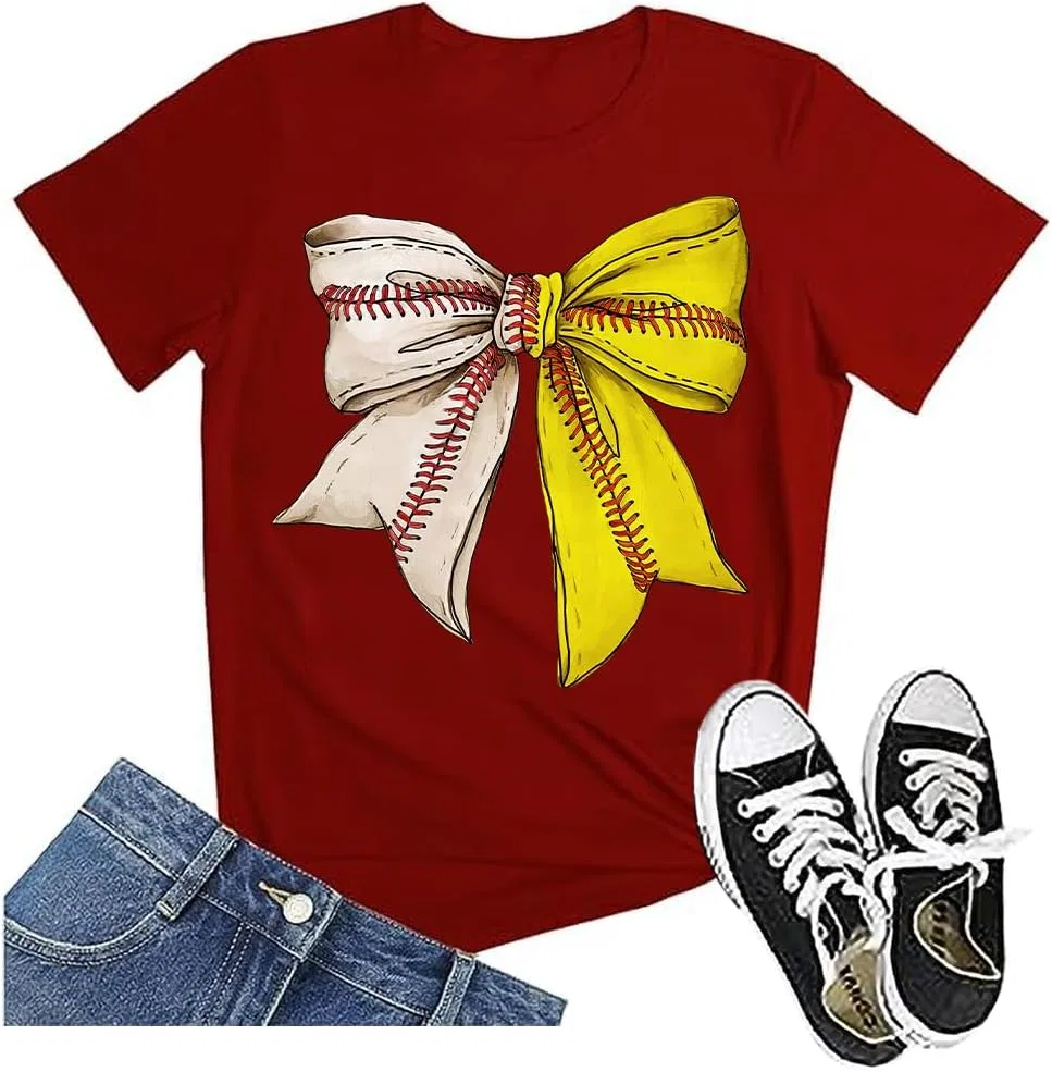 Футболка с принтом Baseball Softball Bow, Claret