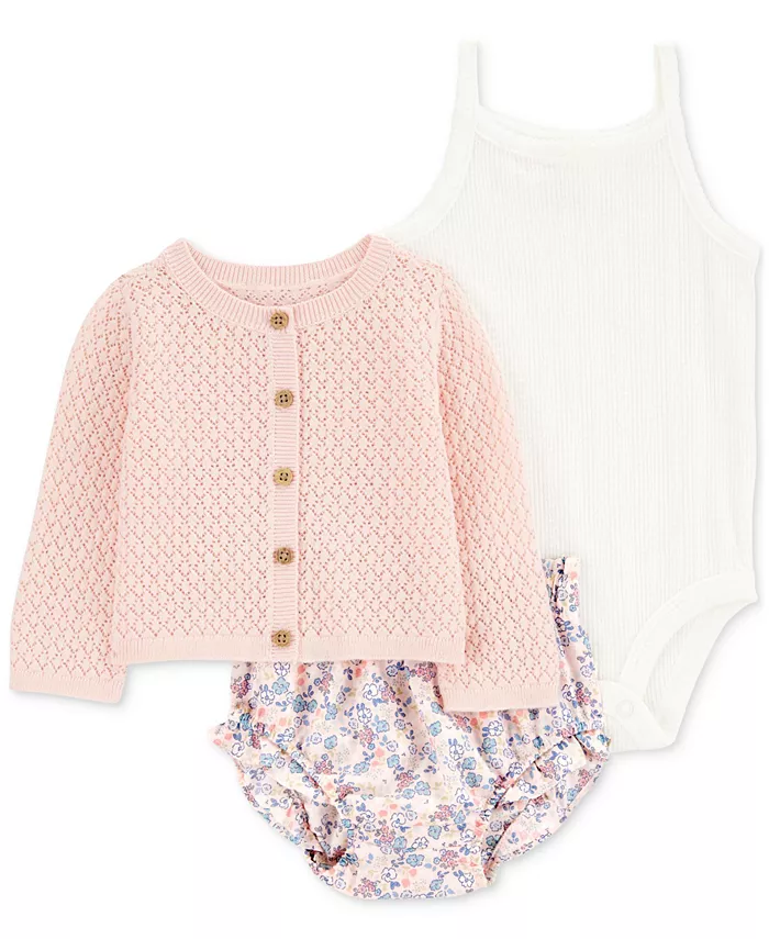 

Комплект для девочек: кардиган, боди и шорты с цветочным принтом (3 предмета) из хлопка Carter's, розовый