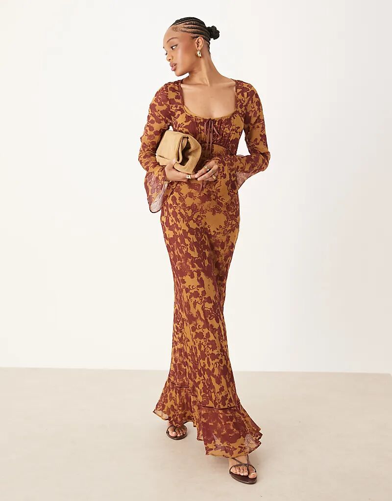 

Платье макси ASOS DESIGN с высоким лифом, длинными рукавами и сборками, с абстрактным оранжевым принтом