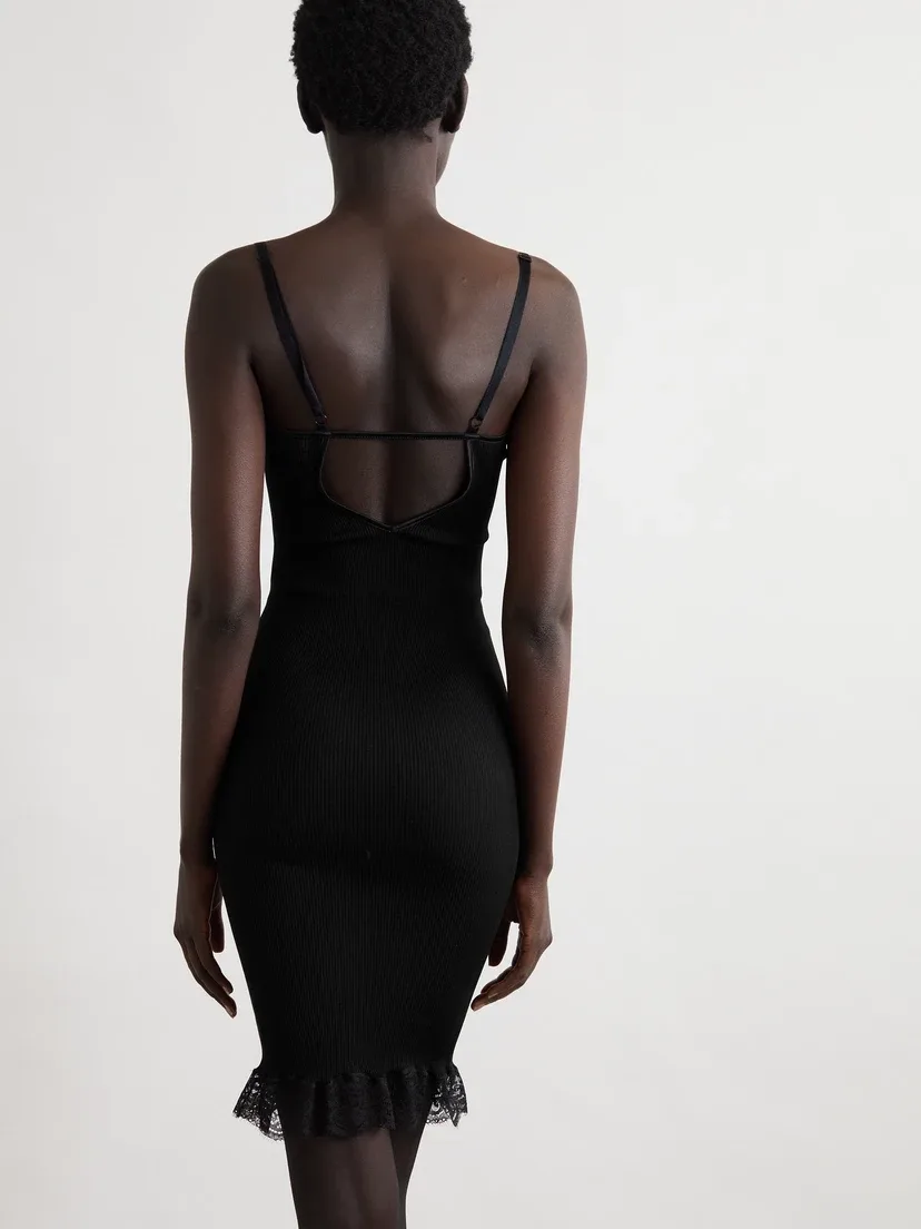 Мини-платье из ребристого шелкового джерси с кружевной отделкой SAINT LAURENT, черный — фото 4