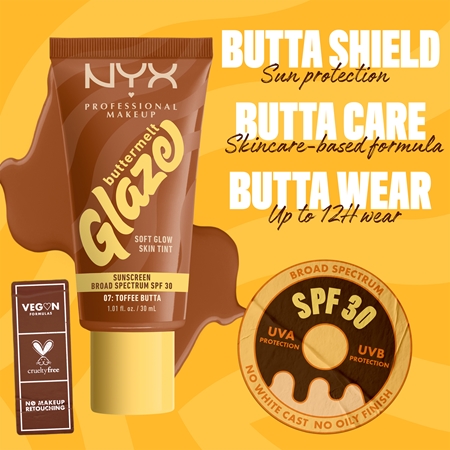 Осветляющая и тонизирующая жидкость spf 30 NYX Professional Makeup Buttermelt Glaze, 07 toffee Butta 30 ml — фото 4