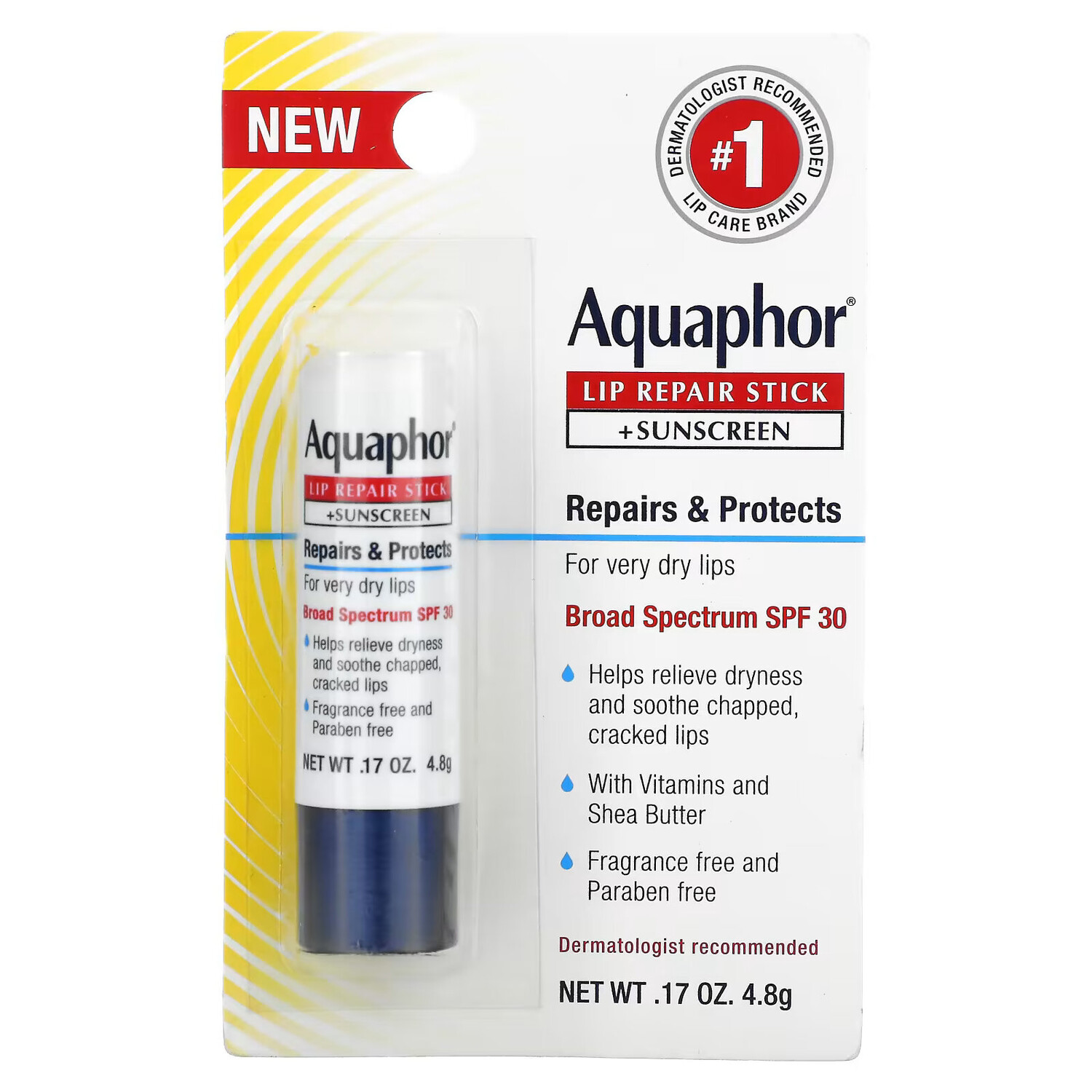 Aquaphor, Стик для восстановления губ + солнцезащитный крем, SPF 30, без отдушек, 4,8 г (0,17 унции) — фото 3