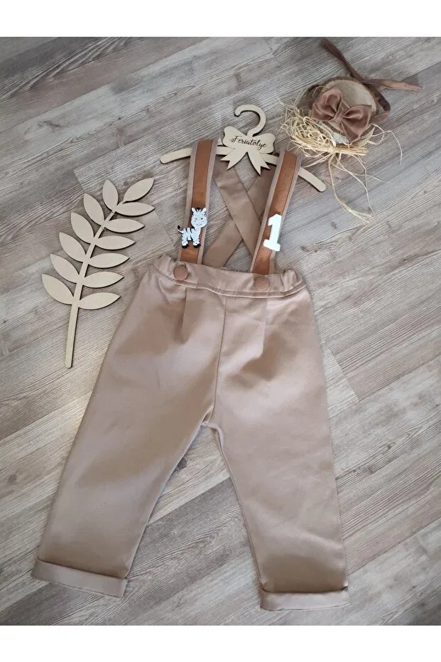 Детский комбинезон для мальчиков хлопковый Camel Tan Baby Boy Salopet Safari Concept 1st Year Birthday Outfit with Zebra Figure Feriatolye, Camel — фото 3