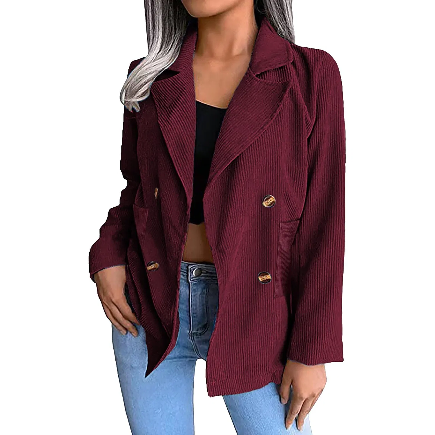 Женское пальто с лацканами из вельвета Plus Size Double Breasted Shacket, Vino