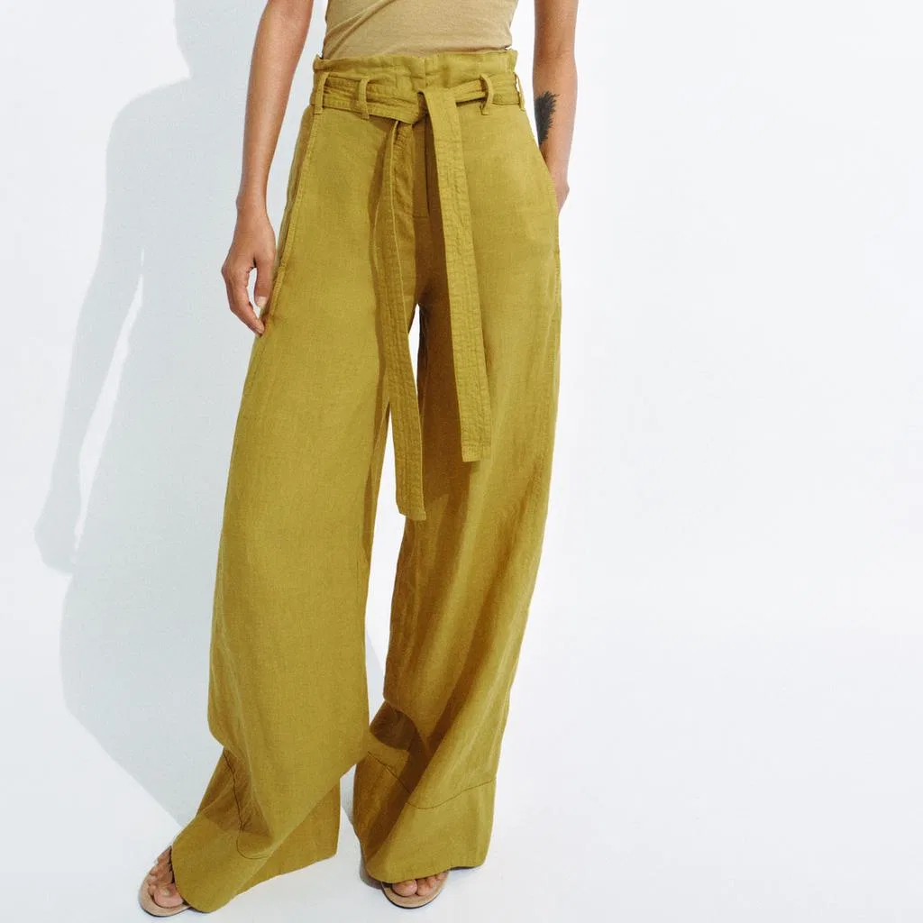Женские повседневные брюки свободного кроя с широкими штанинами Mustard ZARA, Горчичный — фото 4