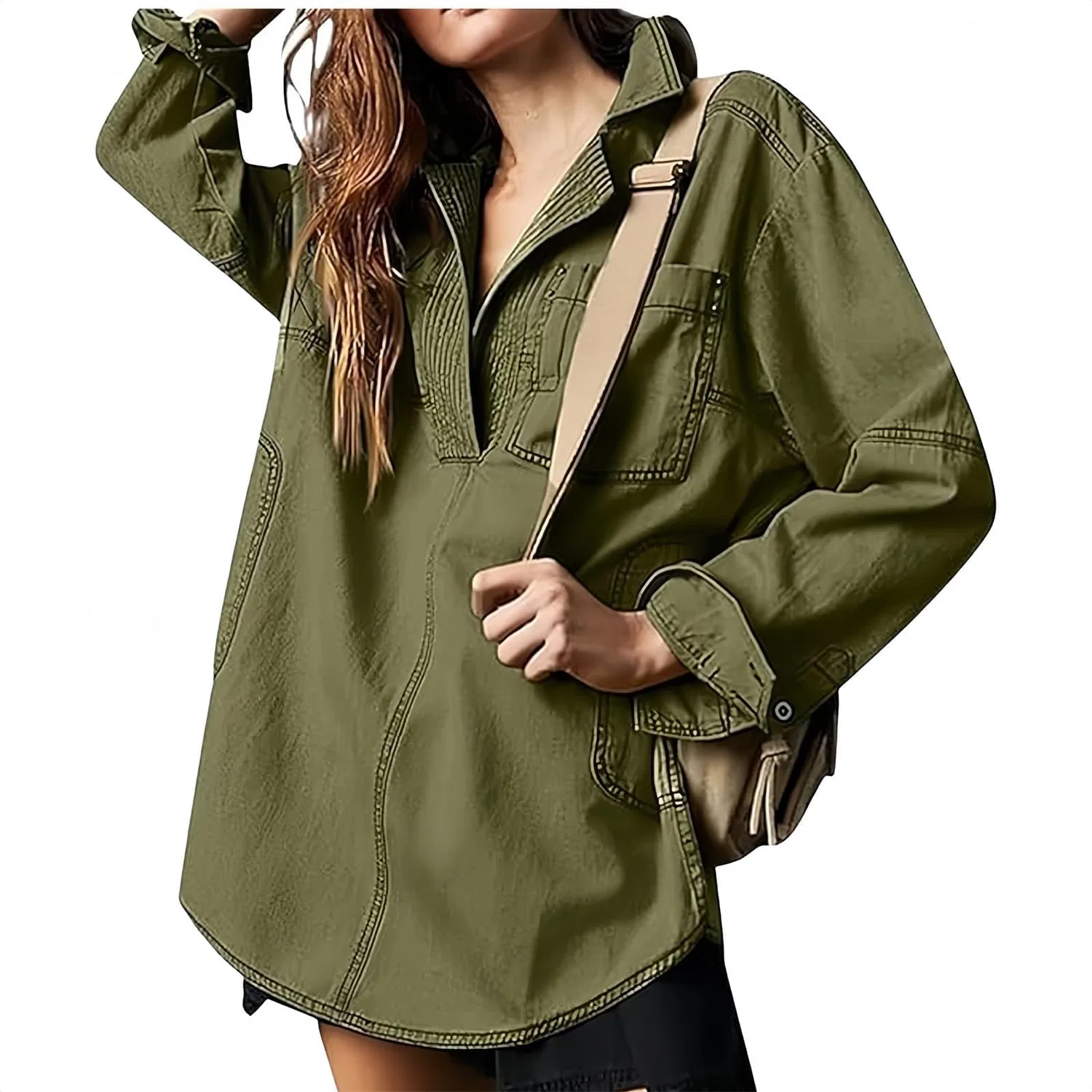 Женская джинсовая куртка свободного кроя Donna Button V Neck Blouseloose Fit, Verde
