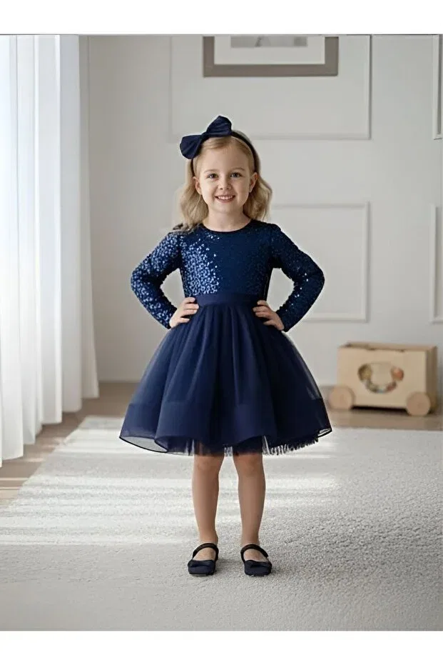 Детское платье для девочек с длинным рукавом Birthday party evening dress Mixie, Navy Blue — фото 2