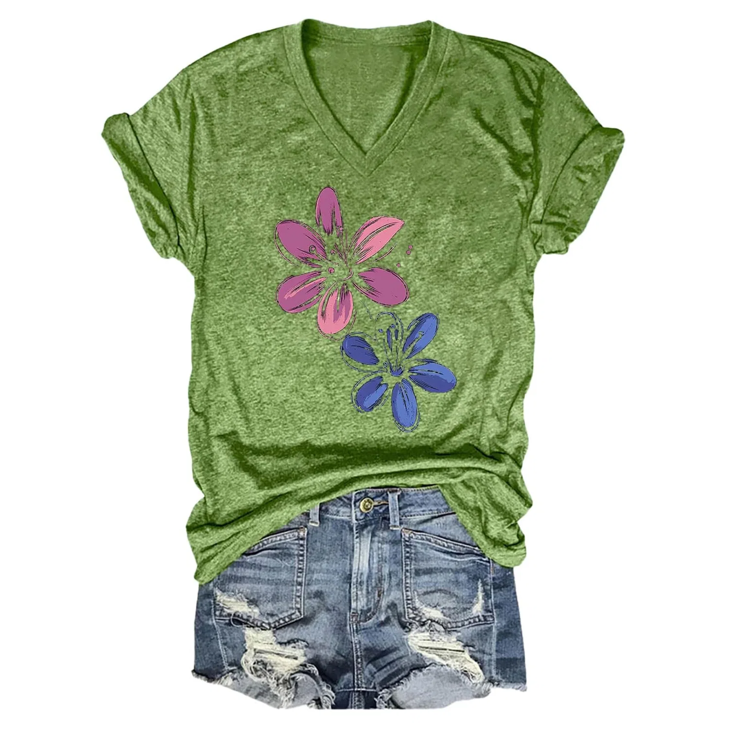 Женская футболка с принтом Vintage Boho Wild Flower, с v-образным вырезом и коротким рукавом, Z03-green