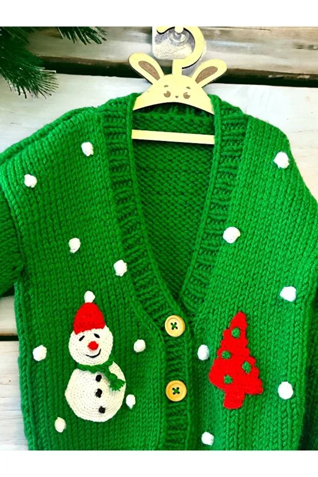 Детский кардиган с принтом Hand knitted christmas detailed woolen jacket children's cardigan Alpiu, Green — фото 2