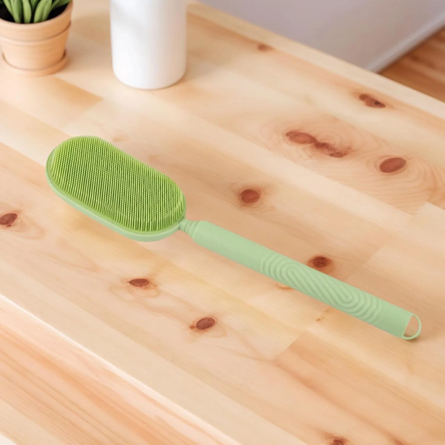 Щетка для душа силиконовая с длинной ручкой, Huvqianu, Зеленая — фото 3