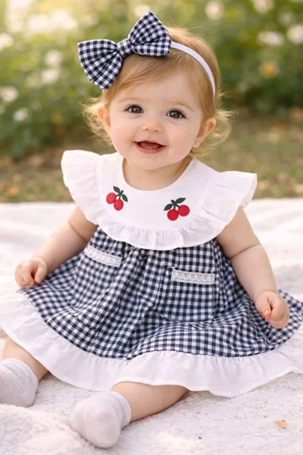 Детское платье для девочек с принтом Cherry Embroidered Pink Gingham Bilge Trend, Black