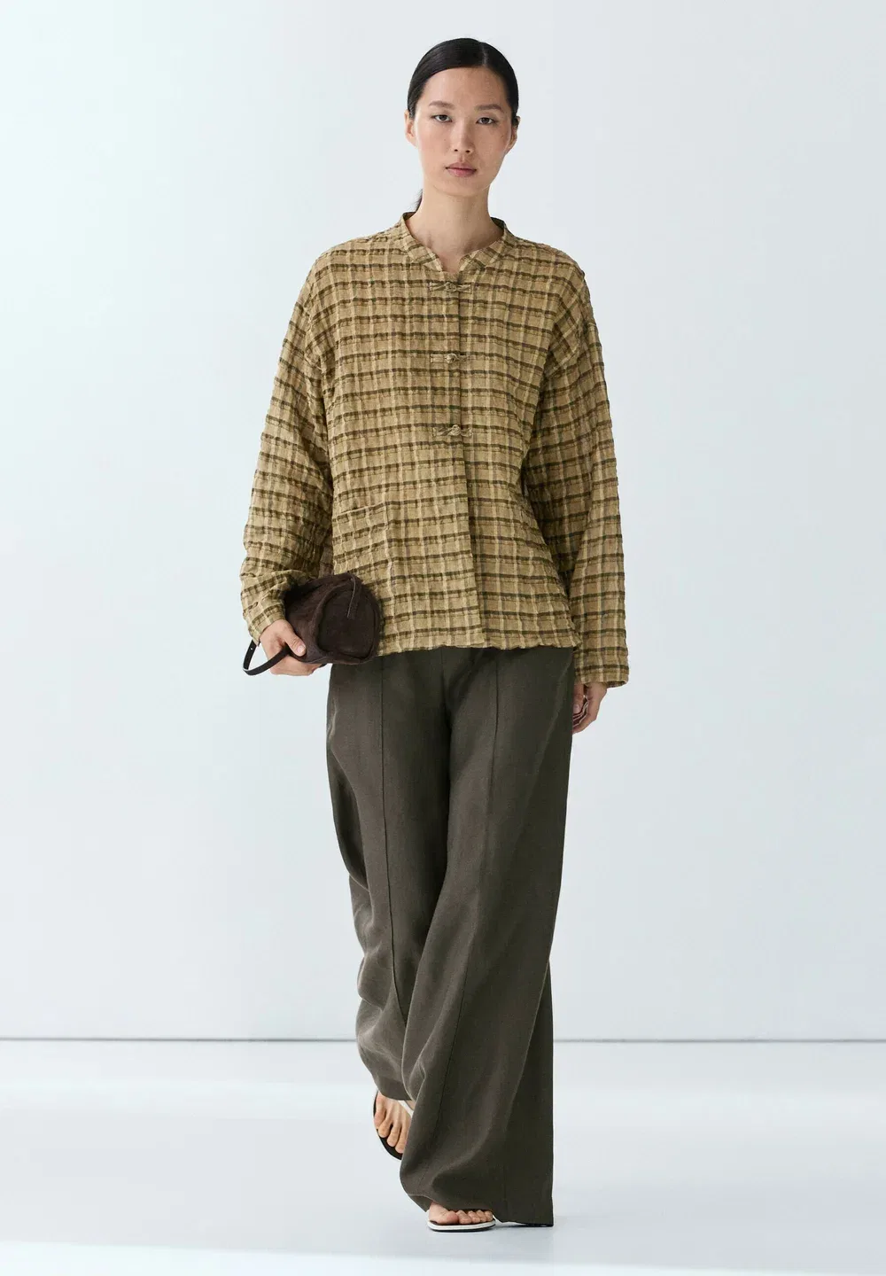 Свободная клетчатая рубашка - блузка на пуговицах Massimo Dutti, Mustard Yellow — фото 4