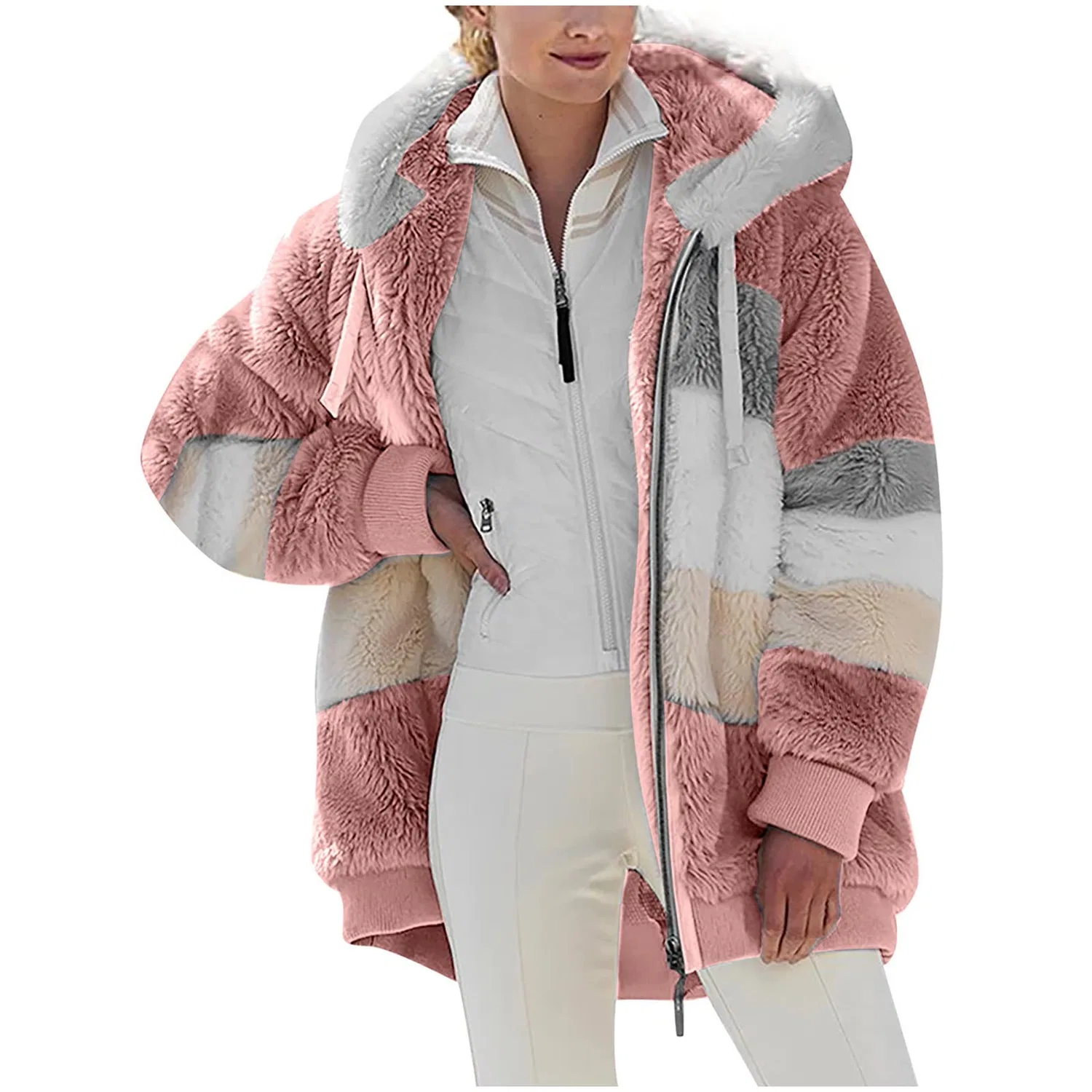Женское утепленное пальто с капюшоном и принтом, Oversized Plus Size Teddy Hoodie, pink
