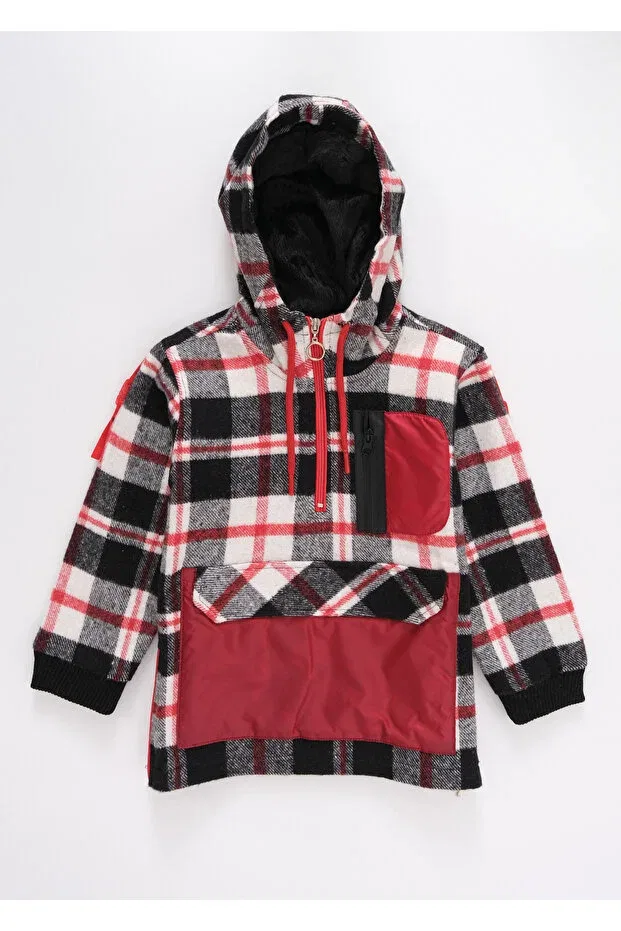 Детская рубашка с принтом Boys' half-zip hooded red plaid lumberjack shirt Doctor Junior, Red — фото 3