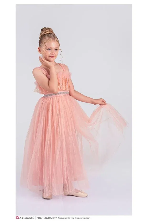 Детское платье для девочек на бретелях E.T.Ç baby stone belted ruffle detailed girl's dress Etç Baby, Salmon — фото 2