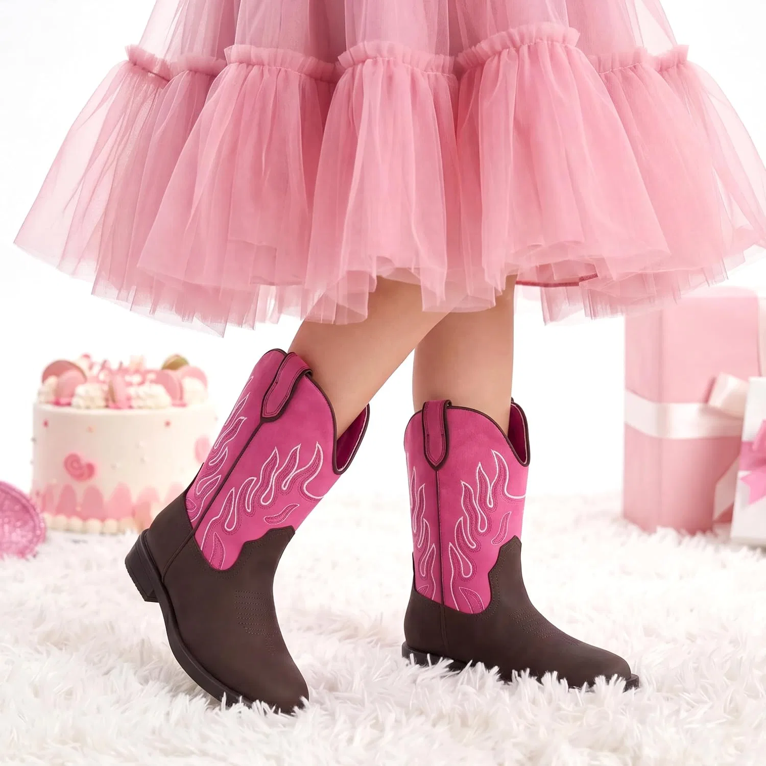 Детские сапоги для девочек с принтом Cowboy Boots PATPAT, Hot Pink/Brown — фото 3