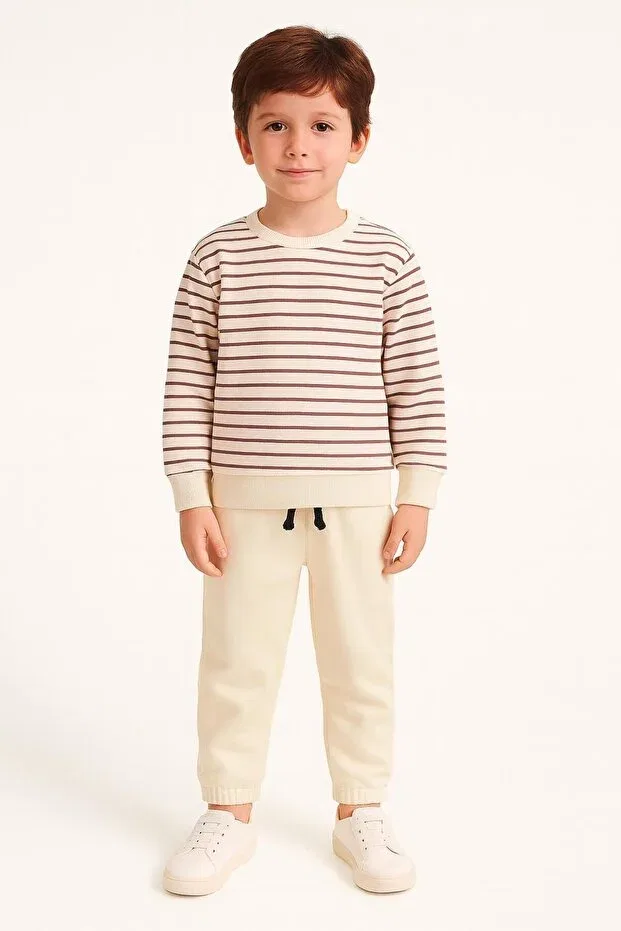 Детский комплект свитшота и джоггеров для мальчиков с принтом Striped Decorative Pocket Cord Set Monarchmoda, Beige