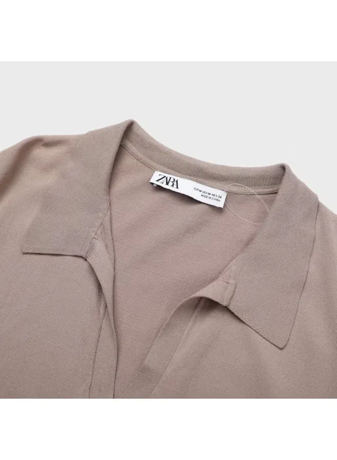 Топ с коротким рукавом и лацканами Zara, верблюжий — фото 4