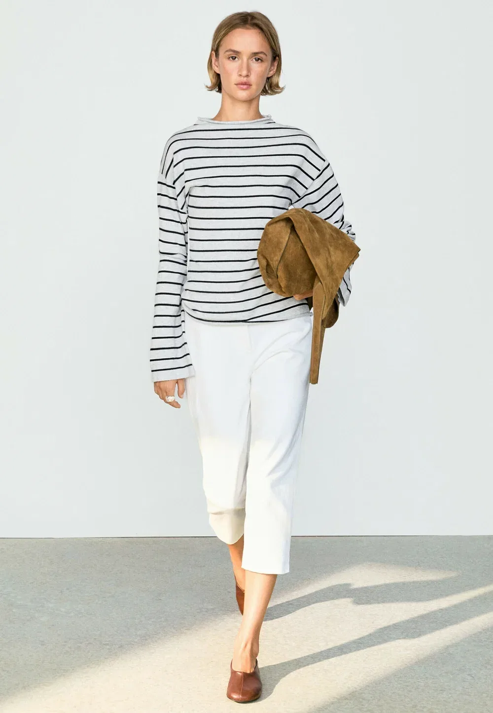 Вязаный свитер в полоску из 100% хлопка Massimo Dutti, Grey — фото 2