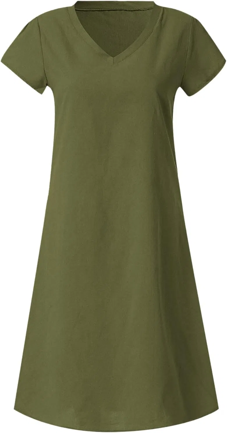 Женское летнее платье из хлопка и льна с V-образным вырезом, Army Green — фото 3
