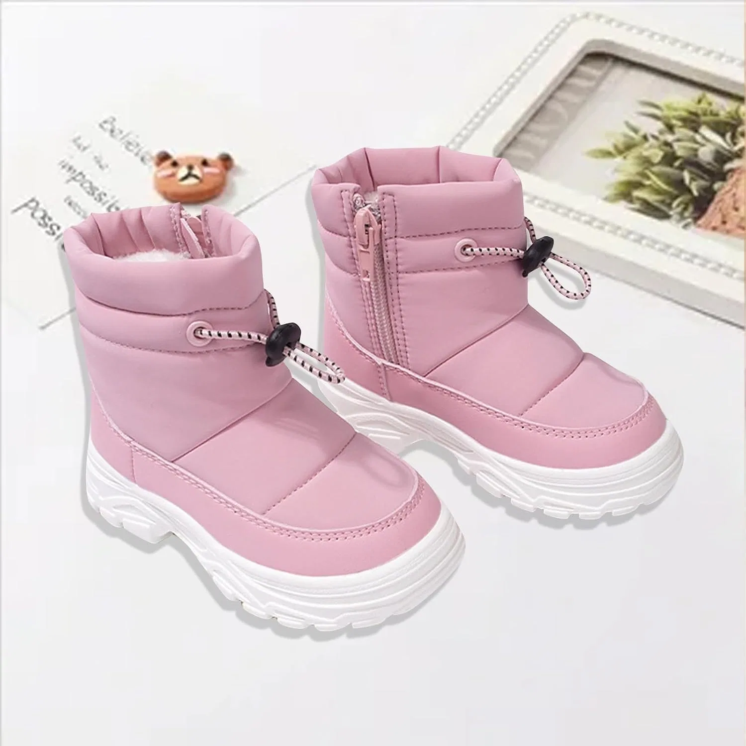 Детские зимние ботинки на меху с молнией для мальчиков и девочек, Pink — фото 2