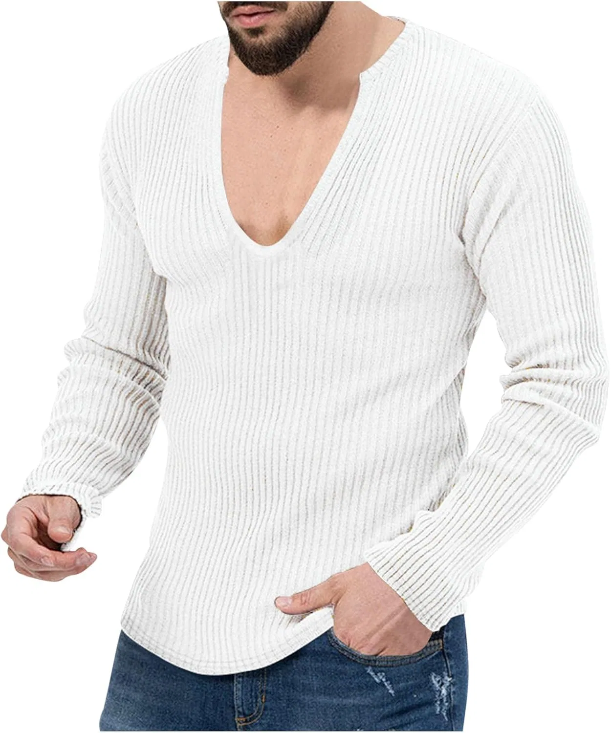 Мужская облегающая футболка с v-образным вырезом, Ribbed Knit, White