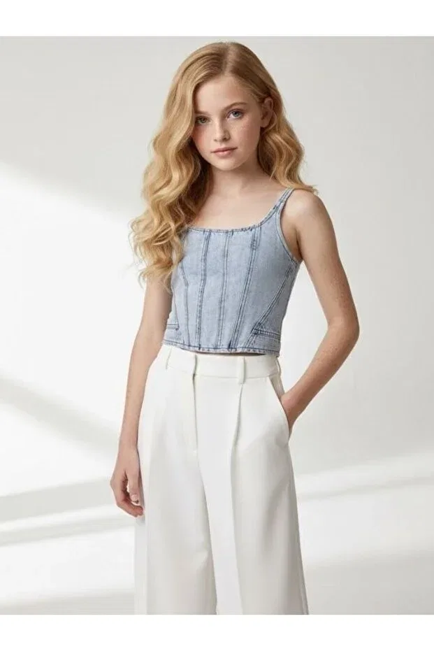 Детское джинсовое боди с тонкими бретелями Zekids, Blue — фото 2