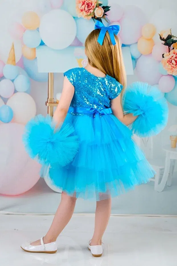 Детское платье для девочек с помпонами Delfini Kids, Glass Blue — фото 4