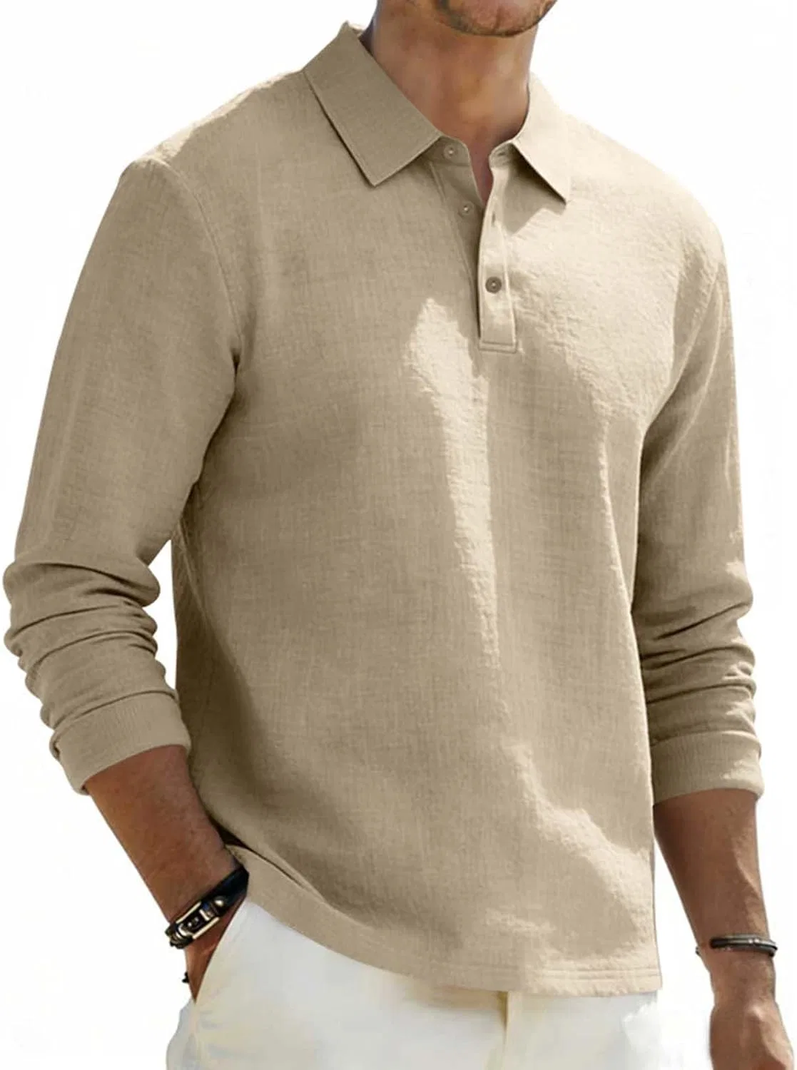 Мужская длинная футболка поло с воротником Polyester, Khaki — фото 2