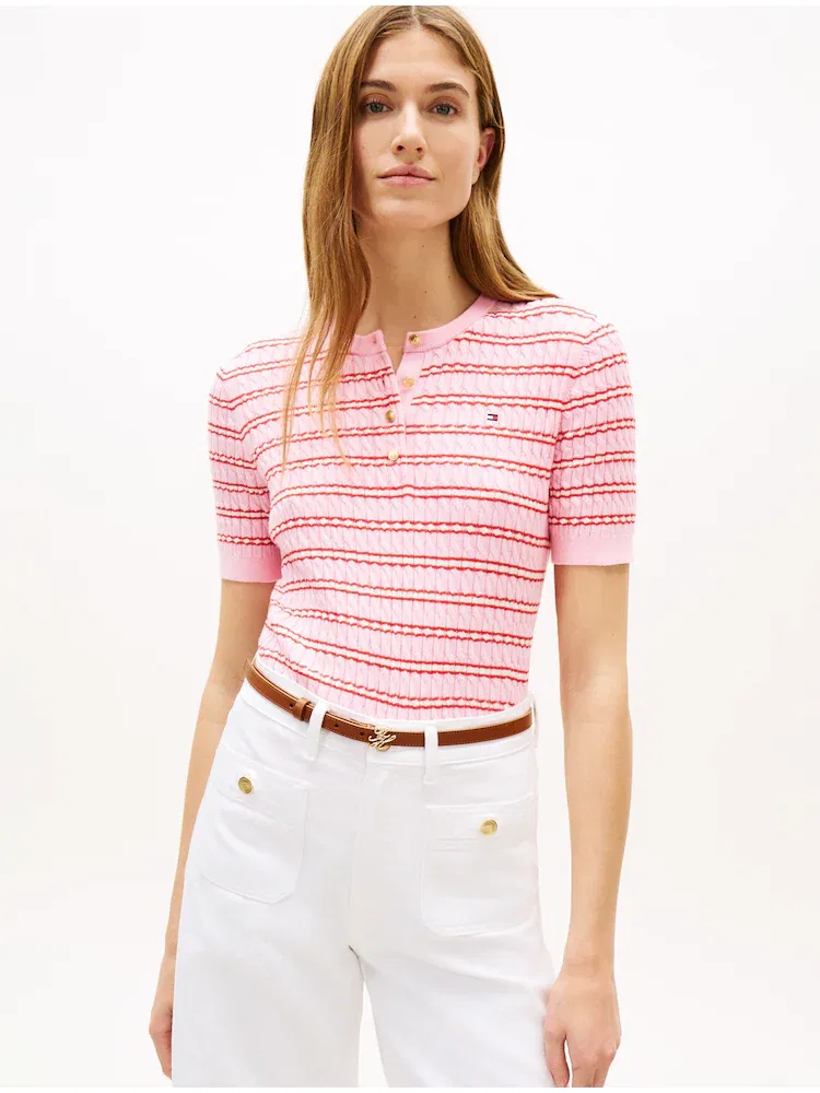 Свитер хлопковый кабельный Henley TOMMY HILFIGER, Light Pink