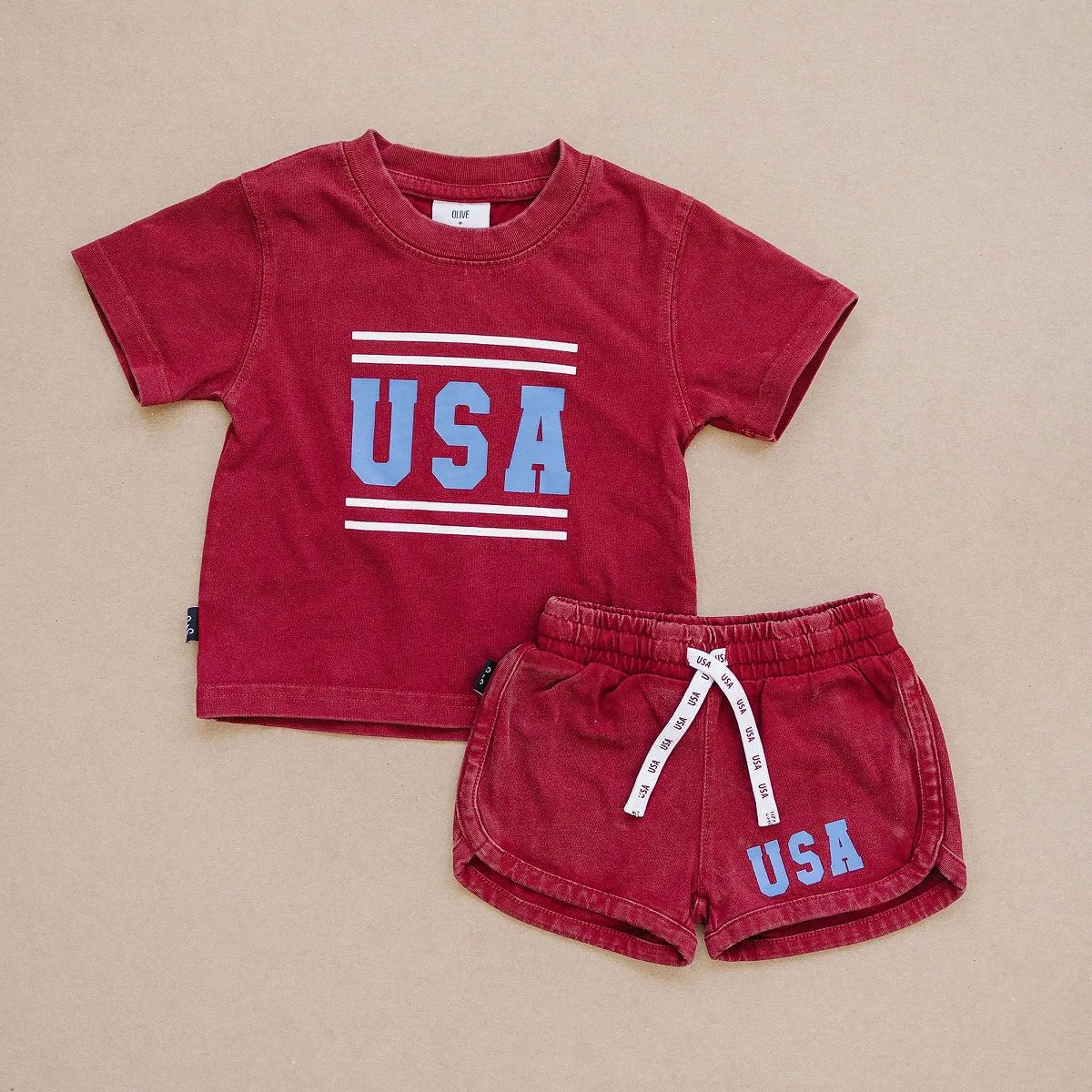 Детский комплект майки и шорт с кислотной стиркой USA Set Olive + Scout, Red