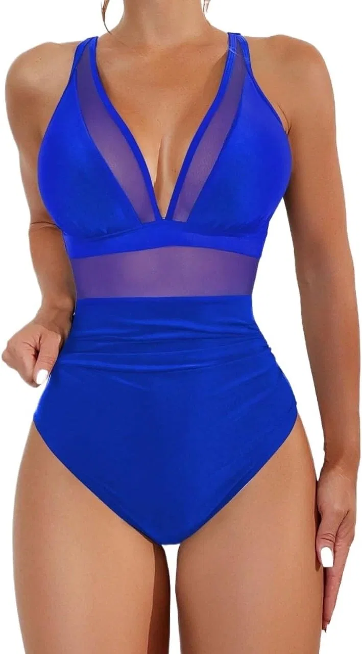 Женский монокини с глубоким V-вырезом и сетчатыми вставками, Royal Blue