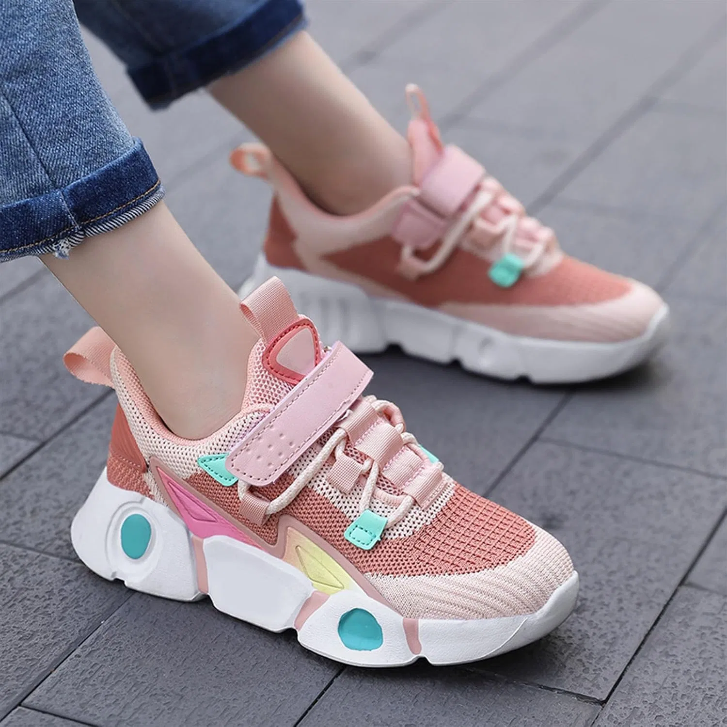 Детские кроссовки для девочек с принтом, легкие, дышащие, Pink — фото 3