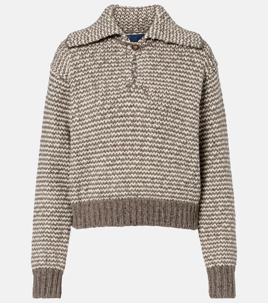 Полосатый поло-свитер из смеси хлопка и шерсти Polo Ralph Lauren, серый