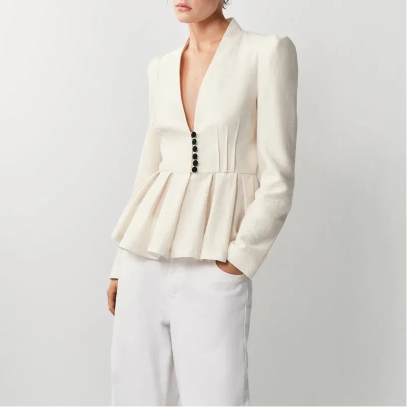 Женский деловой костюм с V-образным вырезом Light Beige ZARA, Light Beige — фото 4