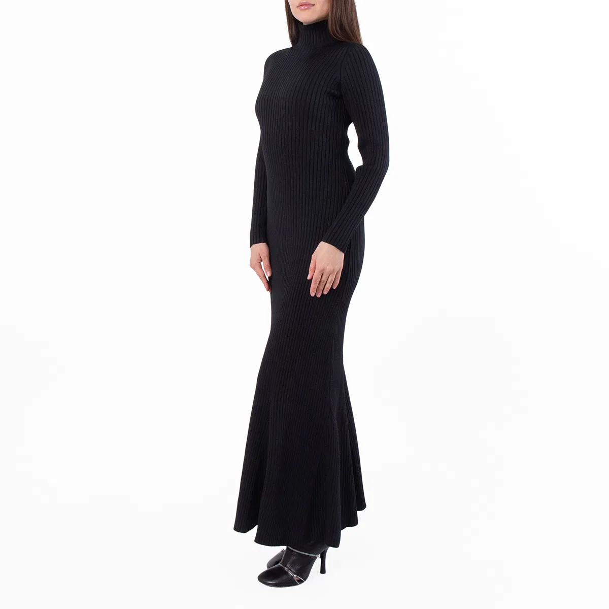 Платье-макси из рифленого трикотажа с длинным рукавом Ribbed Knit Long-Sleeved Maxi Dress Balenciaga, Black — фото 3