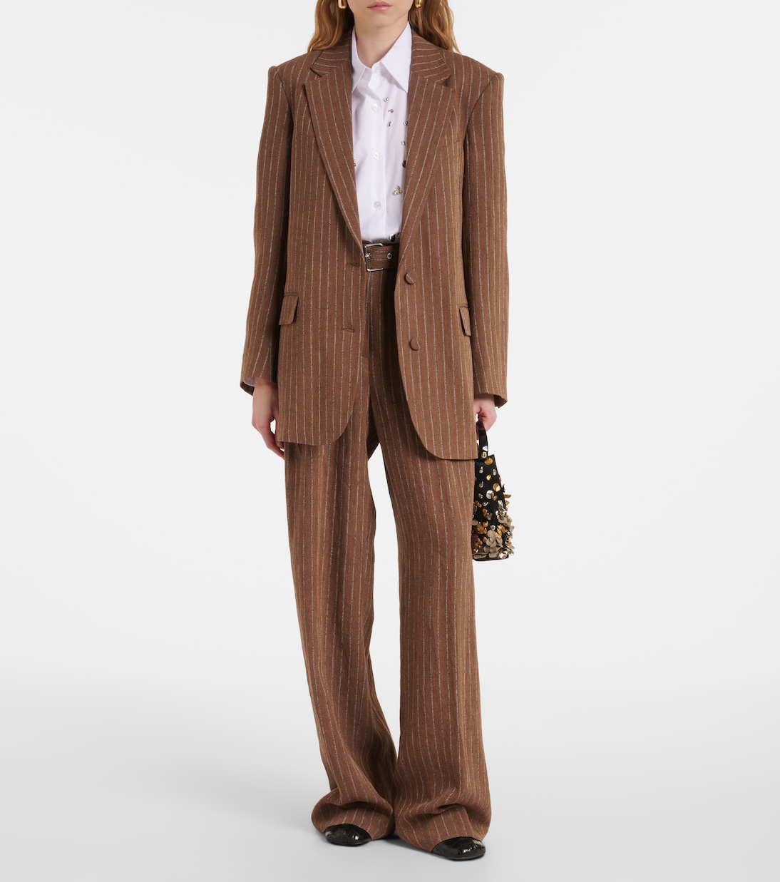 Полосатый блейзер из смесовой льняной ткани Dries Van Noten, кэмел — фото 2