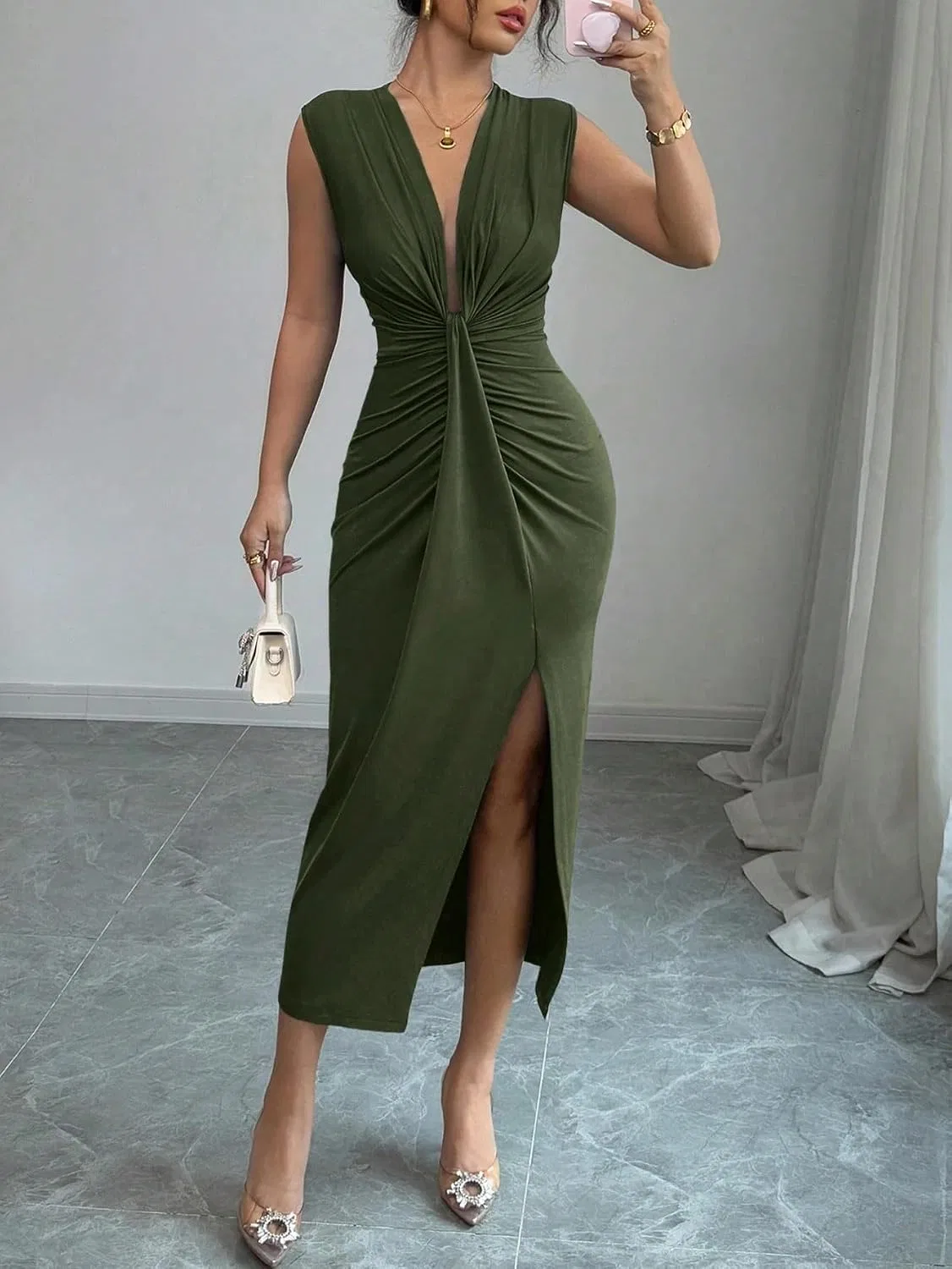 Женское облегающее платье с V-образным вырезом и разрезом, Army Green — фото 3