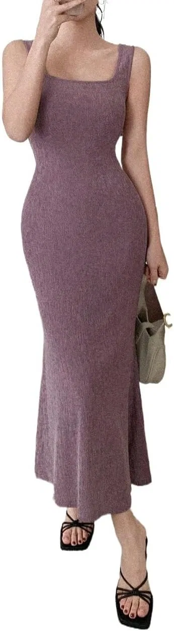 Женское повседневное миди-платье с квадратным вырезом, Mauve Purple