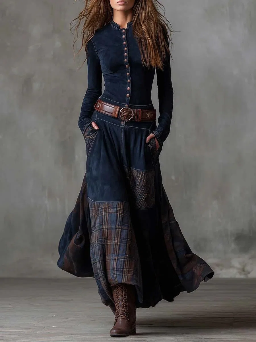 Женское платье макси с пледовым принтом Western Vintage, Navy Blue — фото 2