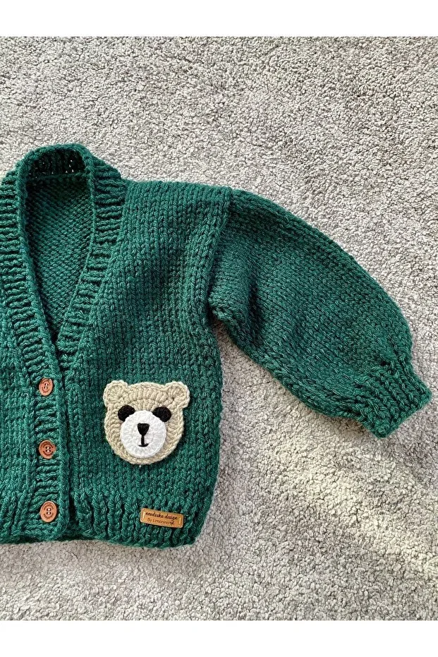 Детский кардиган для мальчиков с принтом Hand knitted cute teddy bear detailed boy's cardigan Nevalin, Green — фото 4