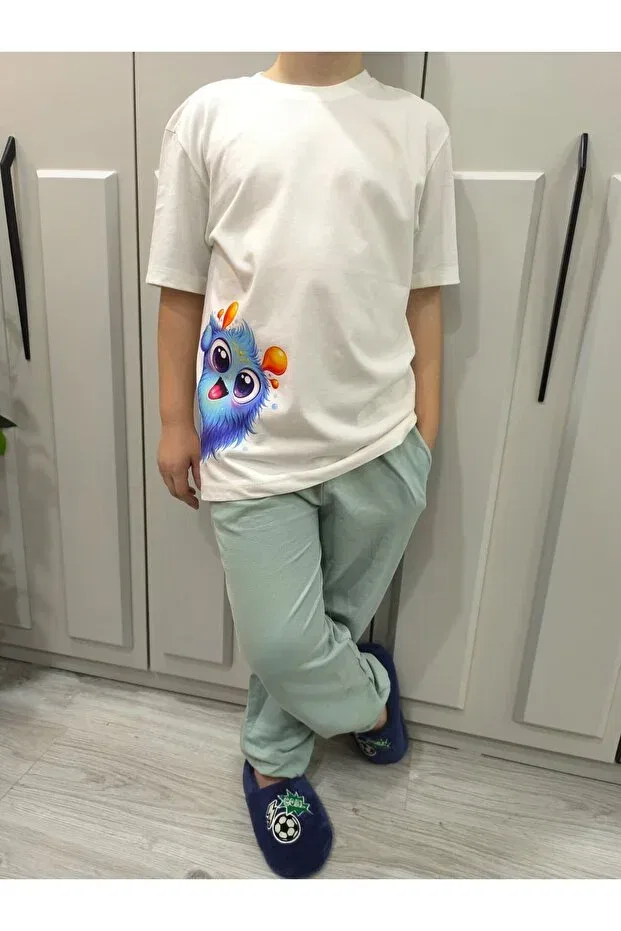 Детский комплект из футболки и брюк с принтом Cute Monster Pidal Giyim, Top Ecru, Bottom Water Green — фото 2