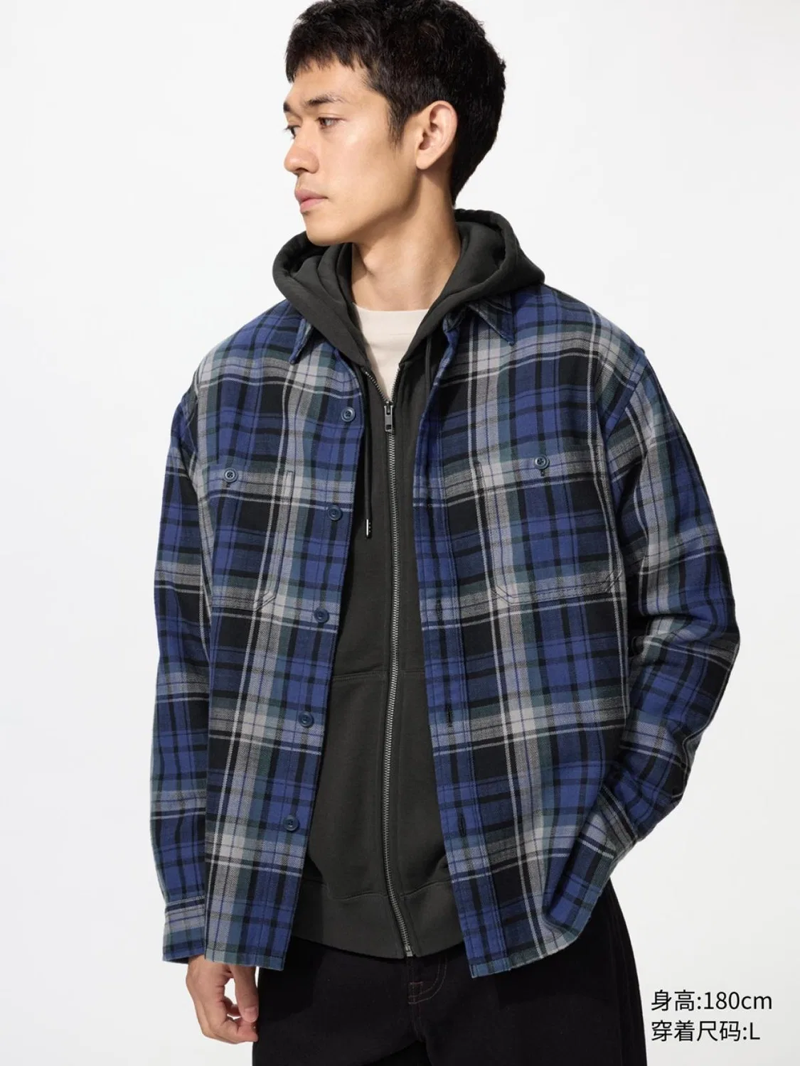 Рубашка с длинным рукавом в клетку Uniqlo, темно-синий
