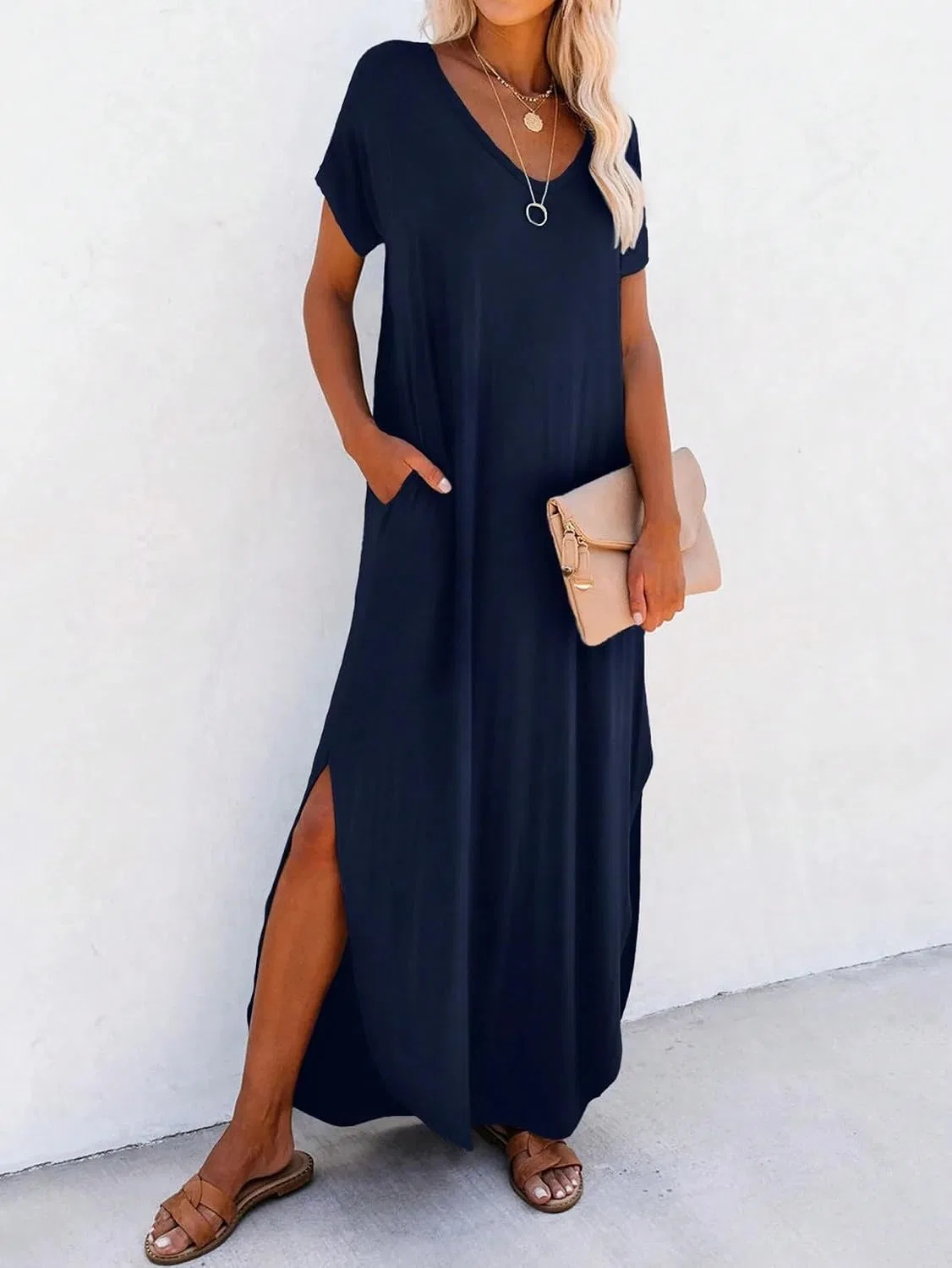 Женское повседневное платье миди с разрезом, Navy Blue — фото 3